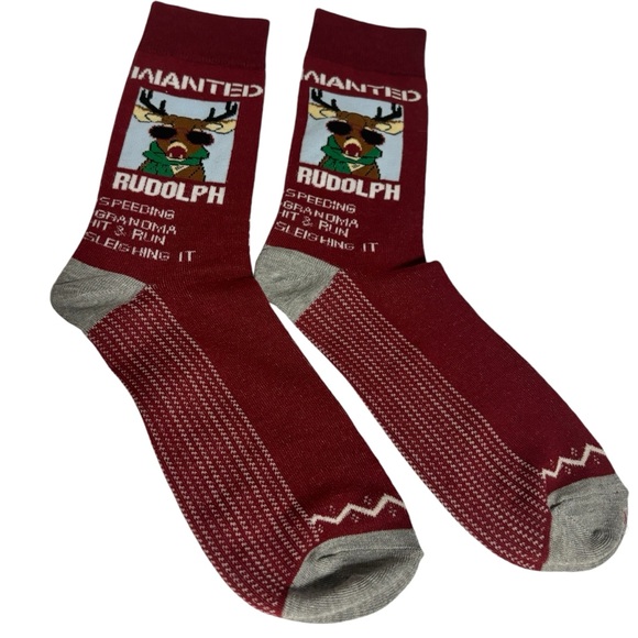 Xmas Socks Rudolph WANTED FOR RUNNING OVER G’MA NWOT - Picture 2 of 10